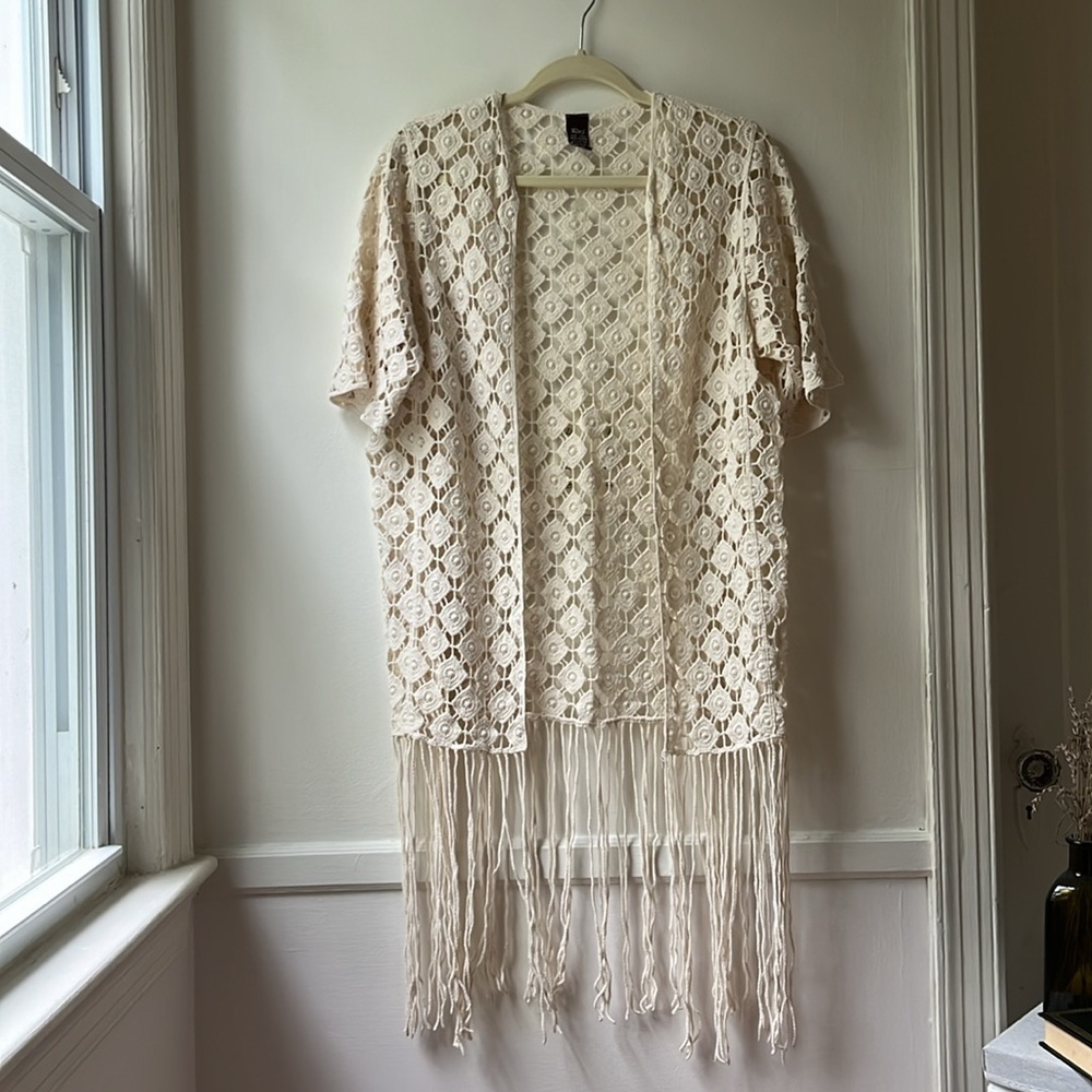 100% Cotton Crochet Duster Ivory Cardigan Short Sleeve Fringe Jacket